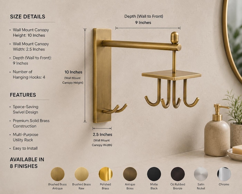 Solid Brass Wall Hook Rack, Rotating 4 Hook Organizer, Bathroom Storage Solution, Towel and Robe Holder, Antique Brass Decor