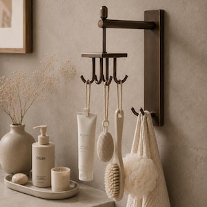 Solid Brass Wall Hook Rack, Rotating 4 Hook Organizer, Bathroom Storage Solution, Towel and Robe Holder, Antique Brass Decor