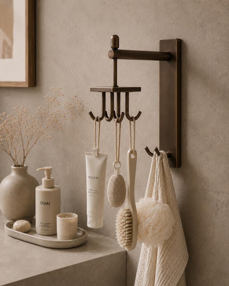 Solid Brass Wall Hook Rack, Rotating 4 Hook Organizer, Bathroom Storage Solution, Towel and Robe Holder, Antique Brass Decor