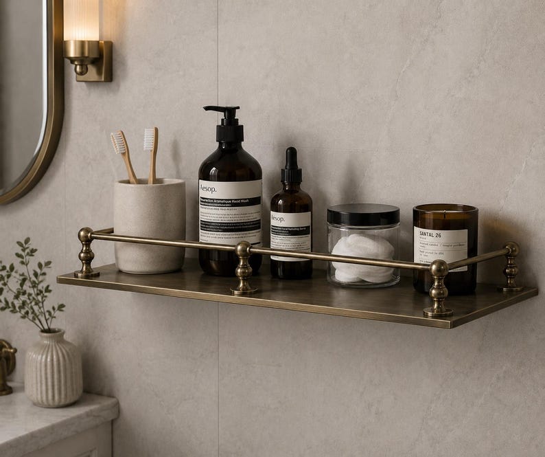 Modern Brass Wall Shelf | Minimalist Floating Bathroom Shelf | Decorative Metal Storage Rack