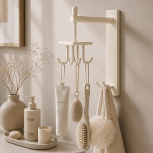 Solid Brass Wall Hook Rack, Rotating 4 Hook Organizer, Bathroom Storage Solution, Towel and Robe Holder, Antique Brass Decor