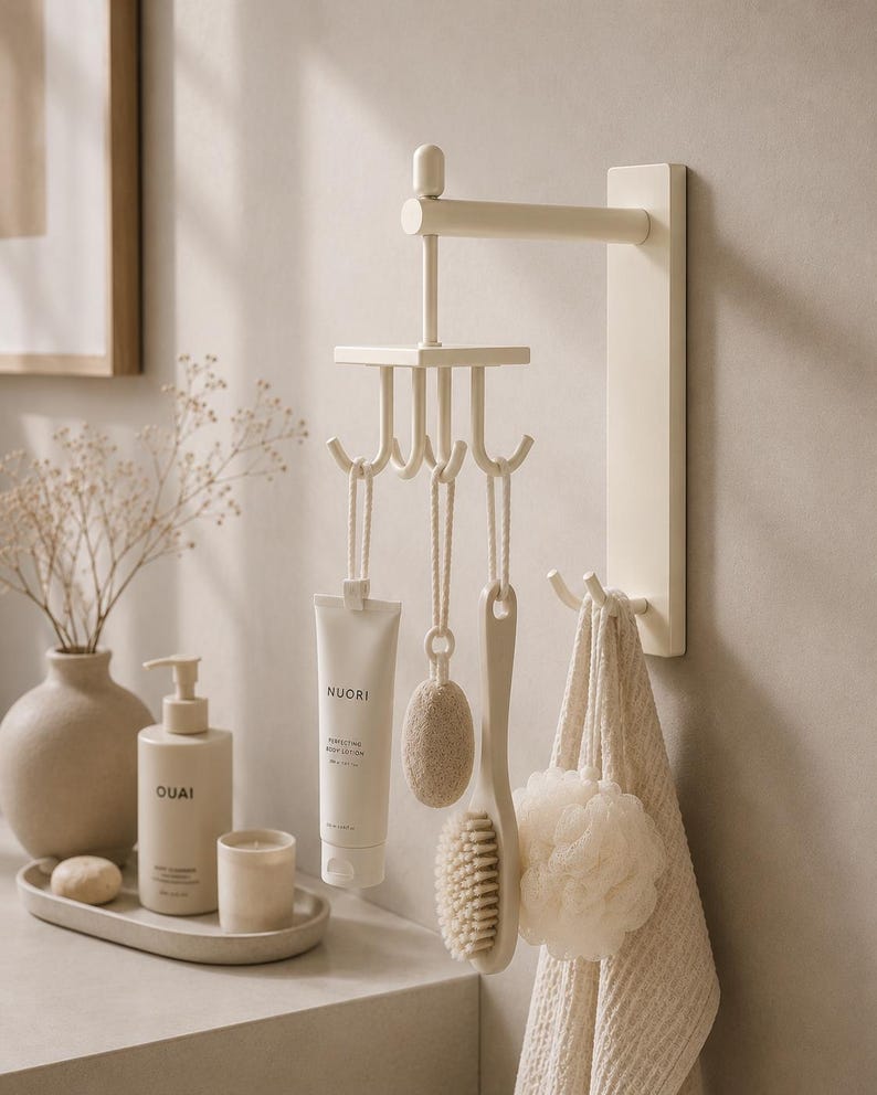 Solid Brass Wall Hook Rack, Rotating 4 Hook Organizer, Bathroom Storage Solution, Towel and Robe Holder, Antique Brass Decor