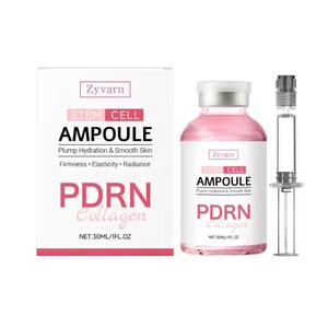 May include: A skincare product set featuring a white box and a pink-tinted glass bottle. The box and bottle display the brand name "Zyvarn" and the product name "STEM CELL AMPOULE". The text on the box and bottle also includes "PDRN Collagen" and "NET: 30ML/1FL.OZ".