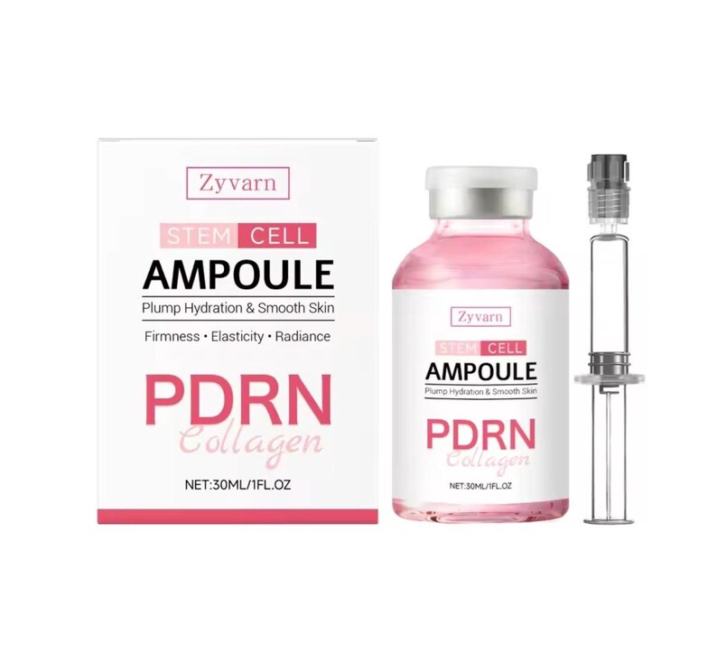 May include: A skincare product set featuring a white box and a pink-tinted glass bottle. The box and bottle display the brand name "Zyvarn" and the product name "STEM CELL AMPOULE". The text on the box and bottle also includes "PDRN Collagen" and "NET: 30ML/1FL.OZ".