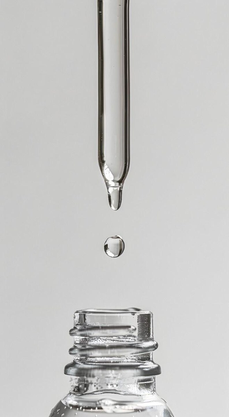 May include: A close-up shot of a clear glass dropper with a single drop of liquid suspended mid-air, above the neck of a clear glass bottle. The bottle and dropper are against a plain white background.
