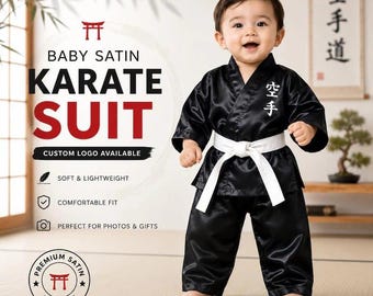 Baby satijnen karatepak, zwart karatepak voor baby's en peuters, vechtsportuniform voor baby's, karate-outfit voor kinderen, karatepak met logo op maat, witte band