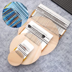 May include: A set of three darning looms of varying sizes, each featuring a circular wooden base and a metal plate with numerous silver hooks. The looms are designed for fabric repair, with a circular inset showing blue and brown yarn woven through.