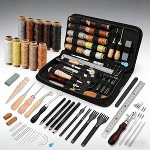 May include: A leather crafting tool kit featuring a black zippered case containing various needles, wooden-handled awls, stitching chisels, a metal ruler, and multiple spools of colored thread in shades of white, yellow, brown, and black.