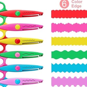 May include: A set of six craft scissors with colorful handles and blades, each designed to cut a unique decorative edge pattern. The scissors are displayed alongside six corresponding paper strips showing the specific cut styles: scalloped, wavy, zigzag, and rounded edges.