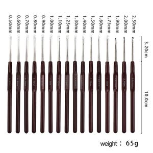 May include: A set of sixteen crochet hooks with dark brown handles and silver metal tips. Each hook is labeled with its size, ranging from 0.50mm to 2.50mm. The total length of the hook section is 3.20cm, the handle is 10.0cm, and the total weight is 65g.