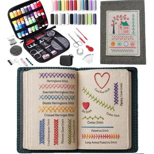 May include: A comprehensive embroidery kit featuring a black zippered case filled with colorful thread spools, needles, scissors, and a thimble. Includes a grey fabric needle book with a house embroidery and a stitch guide book with labeled patterns.