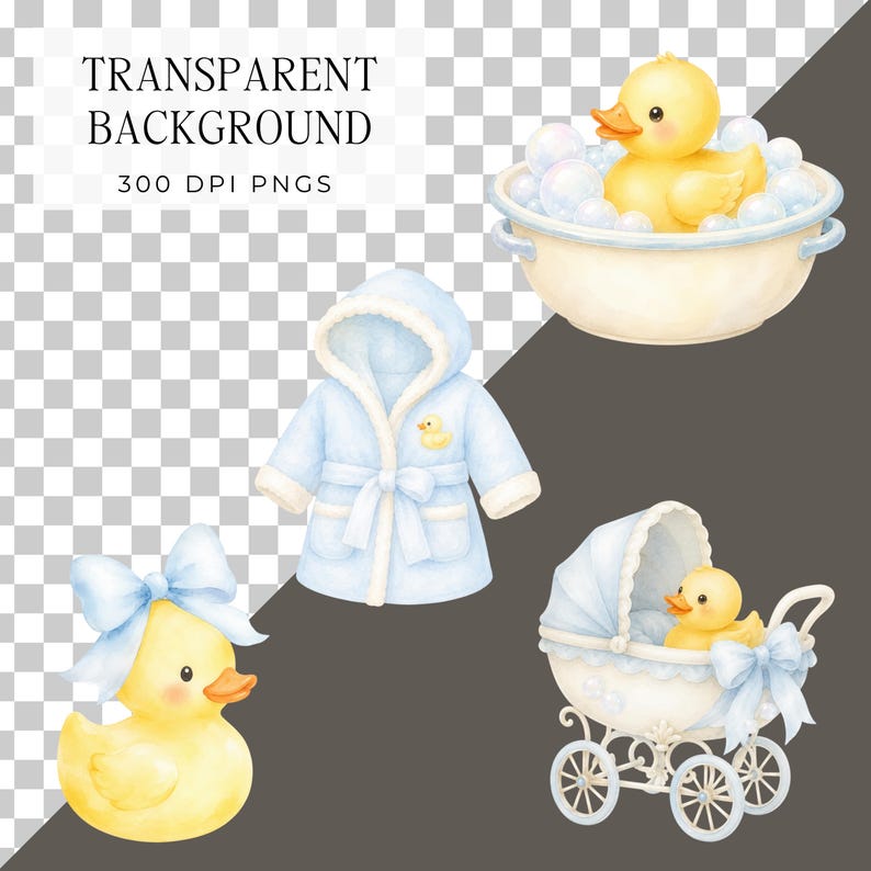 May include: A collection of watercolor illustrations featuring a yellow rubber duck in a bubble-filled basin, a light blue hooded bathrobe with a small duck emblem, a yellow rubber duck with a blue bow, and a baby carriage containing a yellow duck.