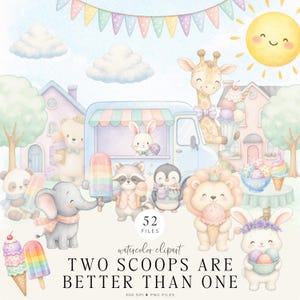 May include: Watercolor clipart featuring adorable cartoon animals enjoying ice cream and popsicles. Includes a giraffe, lion, bunny, panda, elephant, raccoon, and penguin. The image has a pastel color palette with the text "TWO SCOOPS ARE BETTER THAN ONE."