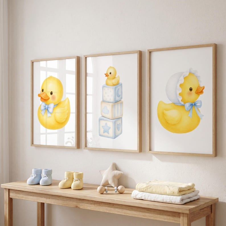 May include: Three framed wall art prints featuring watercolor illustrations of yellow rubber ducks. The left print shows a duck with a blue bow, the center shows a duck atop three stacked blocks, and the right shows a duck wearing a bonnet.