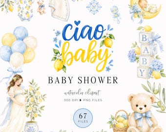 Italian Baby PNG Clipart, Ciao Baby Shower Clipart Bundle, Lemon Mediterranean Invitation, Amalfi Coast, La Dolce Vita Style, Nursery Decor