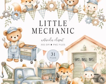Watercolor Mechanic Birthday Clipart, Boy Car Party Invite Graphics, Little Mechanic Party, Kids Auto Repair, Car Repair Tools Clipart