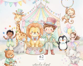 Watercolor Pastel Circus Clipart Set, Cute Baby Animals Carnival PNG Bundle, Nursery Decor, Invitations, Neutral Splash, Commercial Use