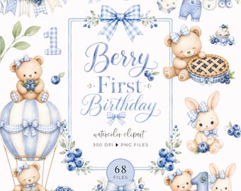 Berry First Birthday Clipart, Blueberries Baby Shower, Watercolor 1st Birthday Fruit Clipart Bundle, One Sweet Berry, Invite Party Graphics