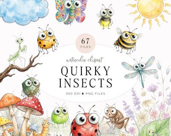Watercolor Quirky Insects Clipart, Whimsical Bugs PNG, Cute Bug Bundle, Funny Insects, Nature Clipart