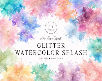 Glitter Watercolor Splash Clipart, Paint Splatter PNG Bundle, Ink Texture Backgrounds, Abstract Shapes, Alcohol Ink, Commercial Use