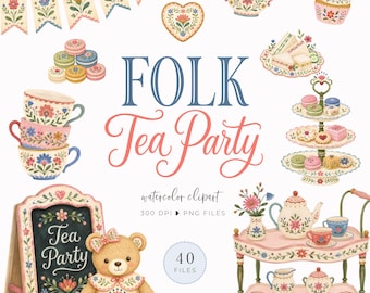 Folk Art Tea Party Clipart Invite, Watercolor Floral Cottagecore Teacup, Whimsical Rustic Invitations, Summer Wedding, Vintage Tea Party