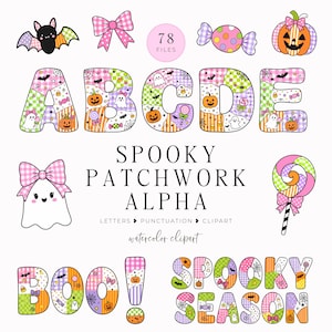 Puede incluir: Un conjunto gráfico digital titulado SPOOKY PATCHWORK ALPHA que incluye 78 archivos de letras, puntuación y cliparts. Las letras de la A a la E y las palabras BOO! y SPOOKY SEASON están rellenas con un patrón de patchwork colorido de iconos de Halloween.