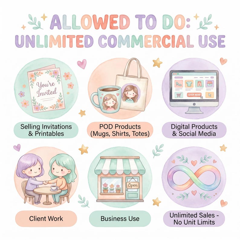May include: An infographic titled ALLOWED TO DO: UNLIMITED COMMERCIAL USE featuring six pastel-colored circular icons. These icons illustrate selling invitations, print-on-demand mugs and totes, digital products, client work, business use, and an infinity symbol.