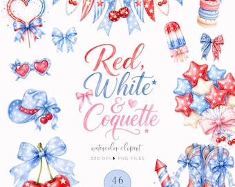 Red White and Blue Coquette Clipart, Watercolor 4th of July Bow Png, 4th of July All American Girl, American Coquette, Fourth Of July PNG