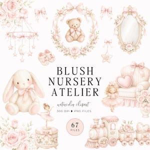 Watercolor Coquette Atelier Clipart, Soft Pink Baby PNG, Plush Toys, Nursery Elements, Nursery Wall Art, Girly Coquette Style