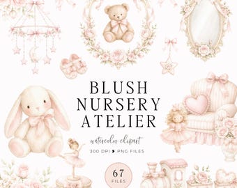 Watercolor Coquette Atelier Clipart, Soft Pink Baby PNG, Plush Toys, Nursery Elements, Nursery Wall Art, Girly Coquette Style