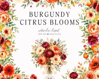 May include: Watercolor clipart featuring a floral design with burgundy, orange, and cream-colored blooms. The text "BURGUNDY CITRUS BLOOMS" is displayed, along with "watercolor clipart" and "300 DPI PNG FILES". A bouquet of flowers is also shown.
