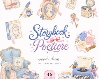 Watercolor Poetcore Clipart, Vintage Book Illustrations, Cozy Reading Vibes, Bookish Clipart