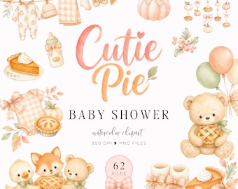 Cutie Pie Baby Shower Clipart, Pumpkin Pie Watercolor Clipart, Little Cutie Baby Shower PNG, A Little Cutie Is On The Way