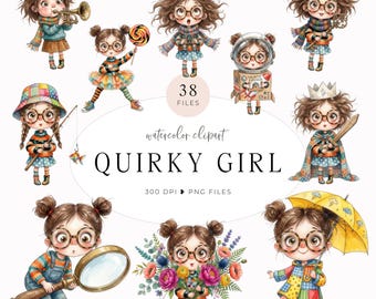 Quirky Girl Clipart, Whimsical Girl Watercolor PNG, Cute Girl Illustration for Nursery Decor, Charming Digital Download for Scrapbooking