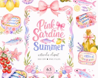 Pink Sardine Summer Clipart, Coquette Sardine, Cute Tinned Fish PNG, Watercolor Sardines, Nautical Mediterranean Art, Fisherman Aesthetic