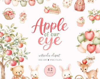 Apple of our Eye Baby Shower Clipart, Fall Apple Invite, Watercolor Apple Baby Shower, Apple Pie Clipart, Autumn Baby Theme, Harvest Shower