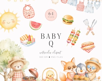 Watercolor Baby Q Clipart, BBQ Shower, Summer Shower Theme, Backyard Cookout, Cute BBQ Design, Cookout Invite, Clothesline Baby Art, Nursery