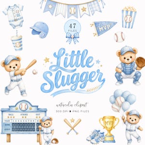 Puede incluir: Una colección de ilustraciones en acuarela con temática de béisbol que incluye osos de peluche con uniforme, un marcador, banderines, un trofeo y equipo de béisbol. El texto dice Little Slugger, 47 FILES y watercolor clipart.