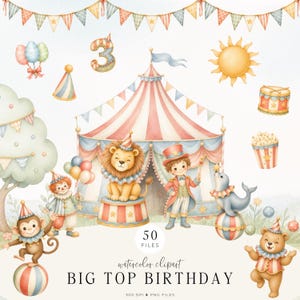 Pode incluir: Uma coleção de ilustrações em aguarela com tema de circo, incluindo uma grande tenda às riscas, um leão, uma foca, um macaco, um urso, um mestre de cerimónias, um palhaço, balões, um balde de pipocas, um tambor, um sol, o número três e bandeirolas.
