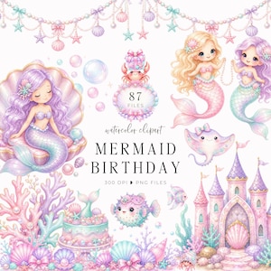 Mermaid Birthday Clipart, Under the Sea Theme, Pastel Magical 3rd Birthday, Cute Underwater Mermaid Design, Fantasy Invite