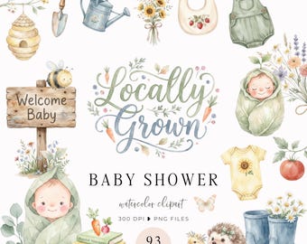 Locally Grown Baby Shower Clipart, Watercolor Garden Produce, Baby Animals, Little Sprout, Baby Clotheslines
