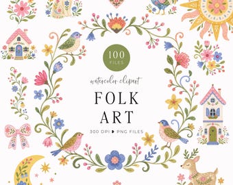Folk Art Clipart Invite, Garden Wedding, Watercolor Floral Cottagecore Design, Rustic Invitations, Summer Wedding Design, Floral Borders