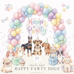 Pode incluir: Clipart em aquarela com o tema "Happy Pawty", apresentando várias raças de cães, chapéus de festa, presentes e um arco de balões em cores pastel. A imagem inclui o texto "Happy Pawty Dogs" e "55 arquivos".