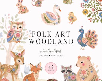 Woodland Animals PNG, Folk Art Woodland Clipart, Nordic Folk Art, Cottagecore Decor, Woodland Nursery Art