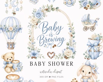 Blue Baby is Brewing Baby Shower Clipart, Watercolor Coffee Cups Beans Bottles, Baby Shower Decor, Latte Art, Fall Baby Shower Invite