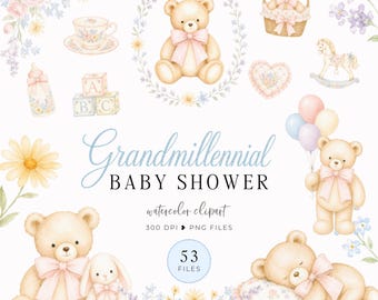 Grandmillennial Baby Shower Clipart PNG, Watercolor Floral Clipart, Chinoiserie Teddy Bear, Cottagecore Preppy Sublimation
