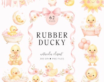 Pink Rubber Ducky Baby Shower Clipart, Watercolor Cute Duckling Floral Design, Yellow Duck Illustration, Nursery Bath Time Clipart