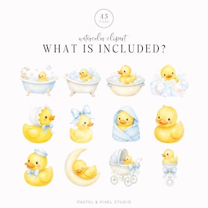 May include: A collection of 45 watercolor clipart files featuring yellow rubber ducks in various settings, including bathtubs with bubbles, wearing bonnets, wrapped in blue blankets, sitting on a crescent moon, in a baby carriage, and as a rattle.