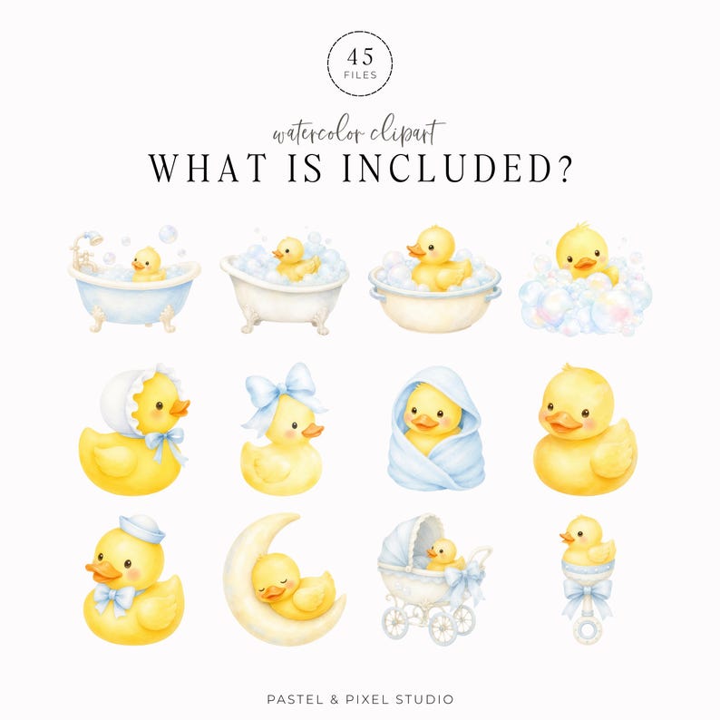 May include: A collection of 45 watercolor clipart files featuring yellow rubber ducks in various settings, including bathtubs with bubbles, wearing bonnets, wrapped in blue blankets, sitting on a crescent moon, in a baby carriage, and as a rattle.