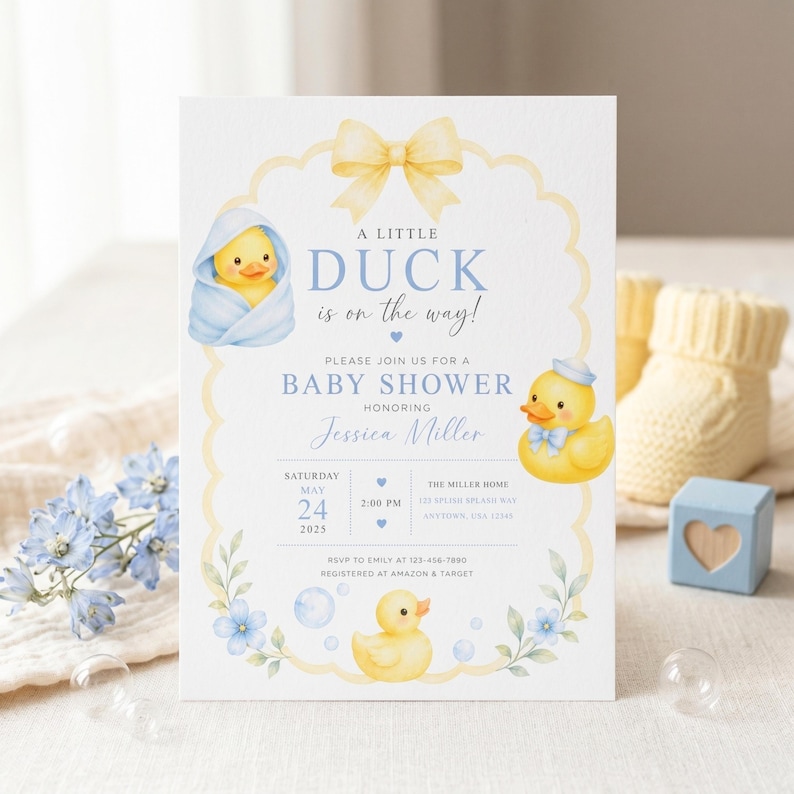 May include: A rectangular baby shower invitation card featuring a yellow bow at the top, a scalloped border, and illustrations of yellow rubber ducks. The text reads: A LITTLE DUCK is on the way! PLEASE JOIN US FOR A BABY SHOWER HONORING Jessica Miller.